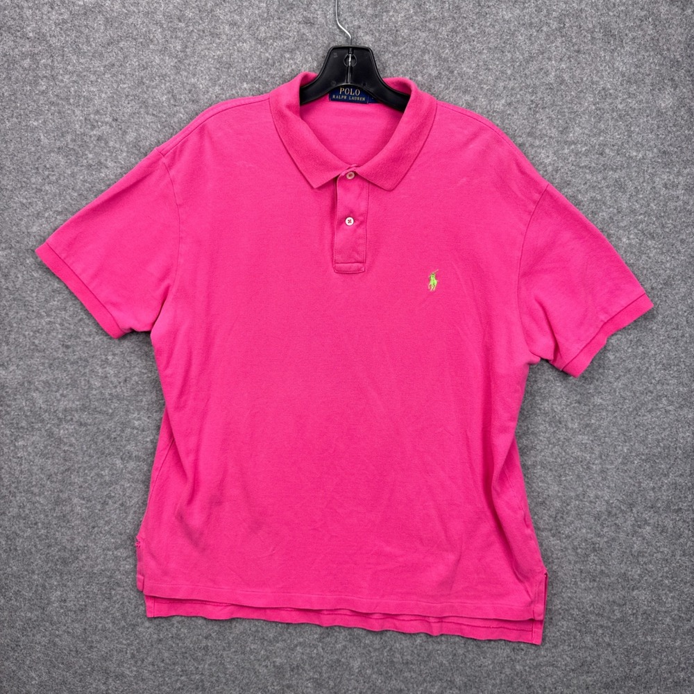Polo Ralph Lauren Mens Classic Fit Cotton Mesh Polo Shirt‎ Pink Lime Green Large